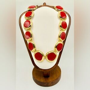 Red Cabochon Statement Necklace Gold Tone Toggle Designer Style
